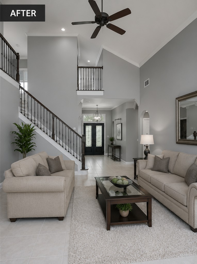 Finished two-story living room and stairwell painted soft gray with white crown molding in Melbourne, FL