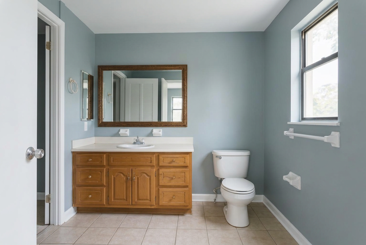 Same bathroom after painting with coastal blue-gray satin walls and white trim in Cocoa Beach, FL