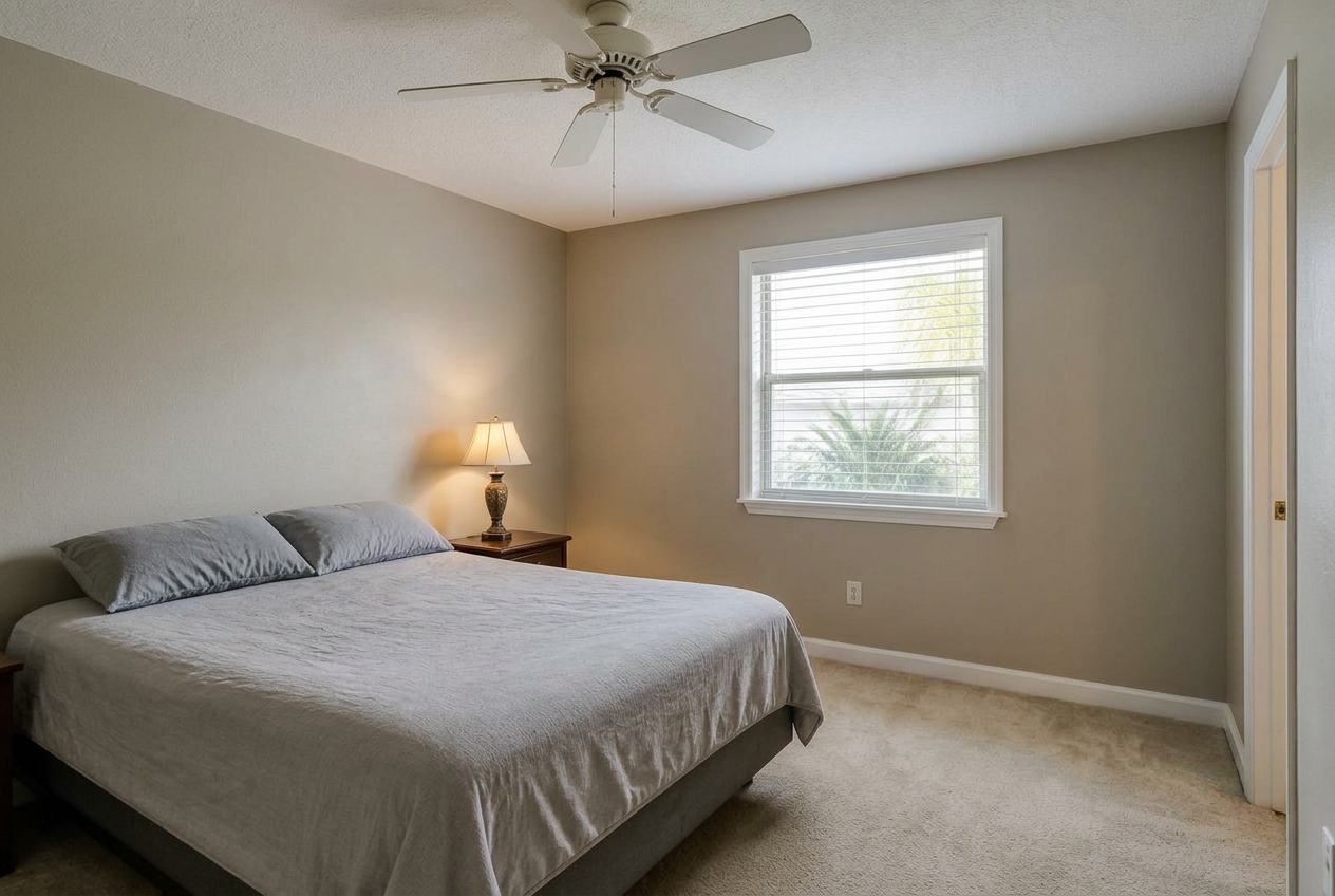 Same bedroom after interior painting in soft greige with bright white trim in Palm Bay, FL