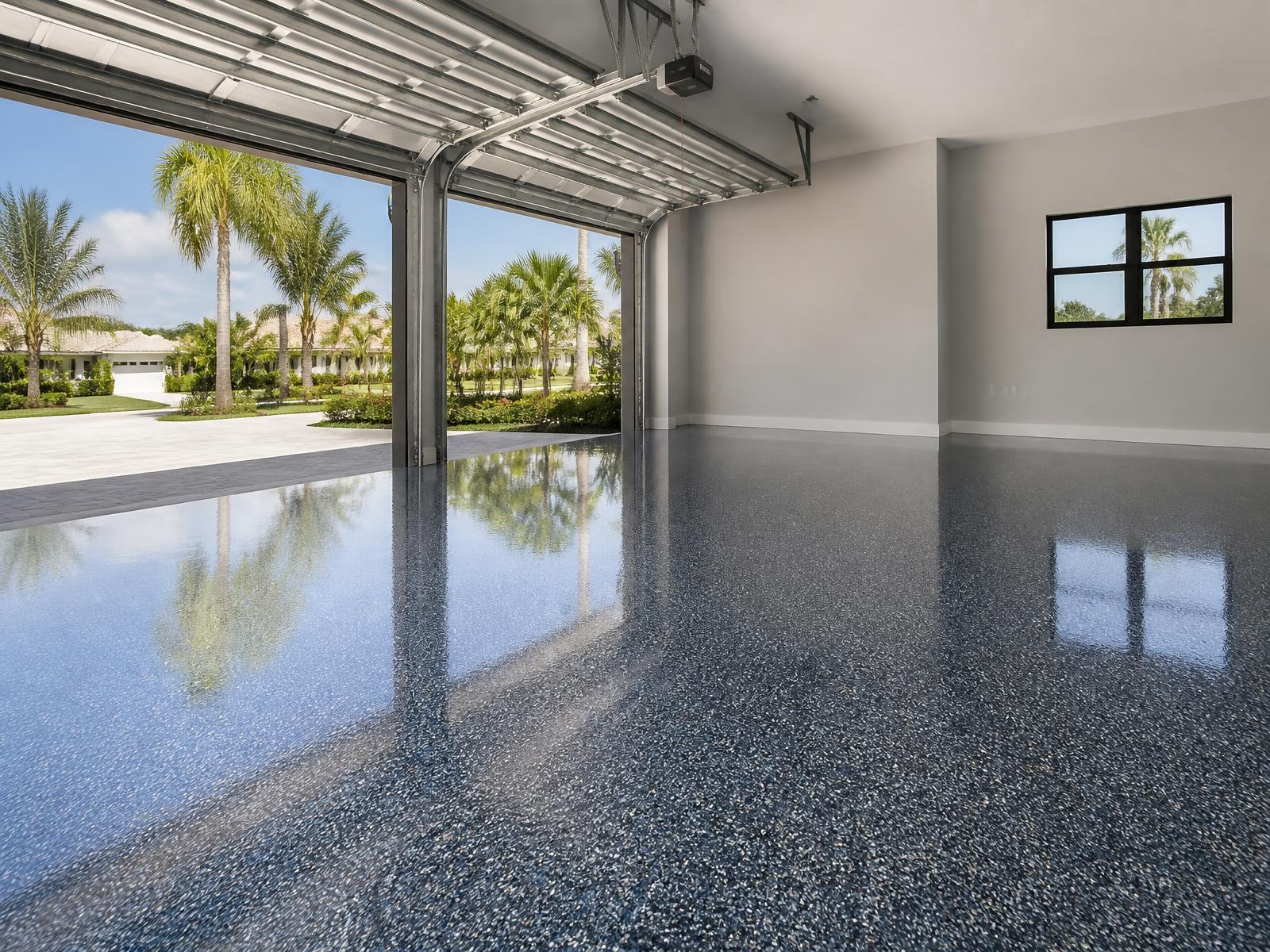 Blue-gray flake epoxy garage floor coating in Palm Bay, FL