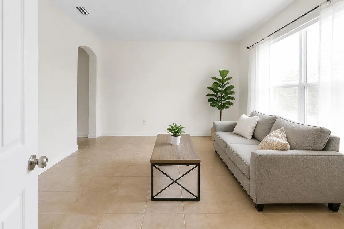 Same living room after interior painting with warm white walls and crisp white trim in Melbourne, FL
