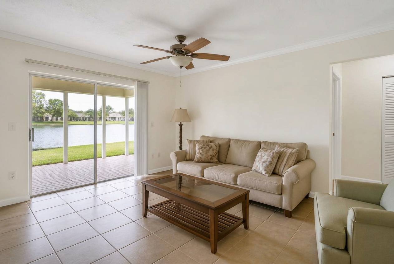 Same living room after interior painting with warm white walls and crisp white trim in Melbourne, FL
