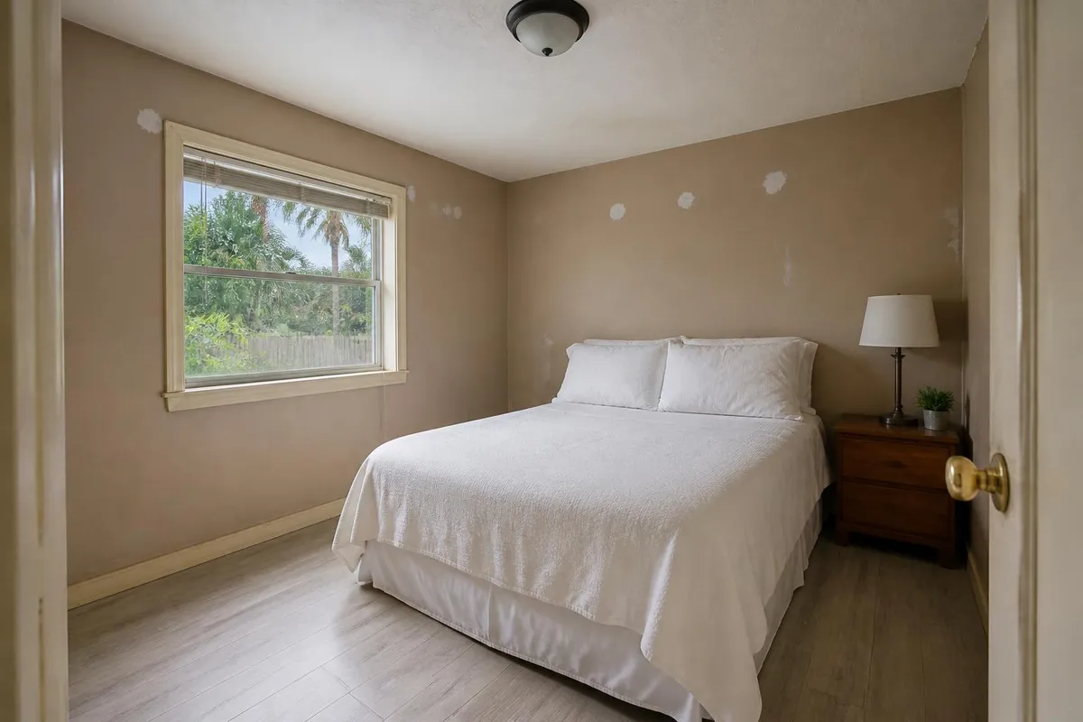 Bedroom with worn wall paint before interior repaint in Palm Bay, FL