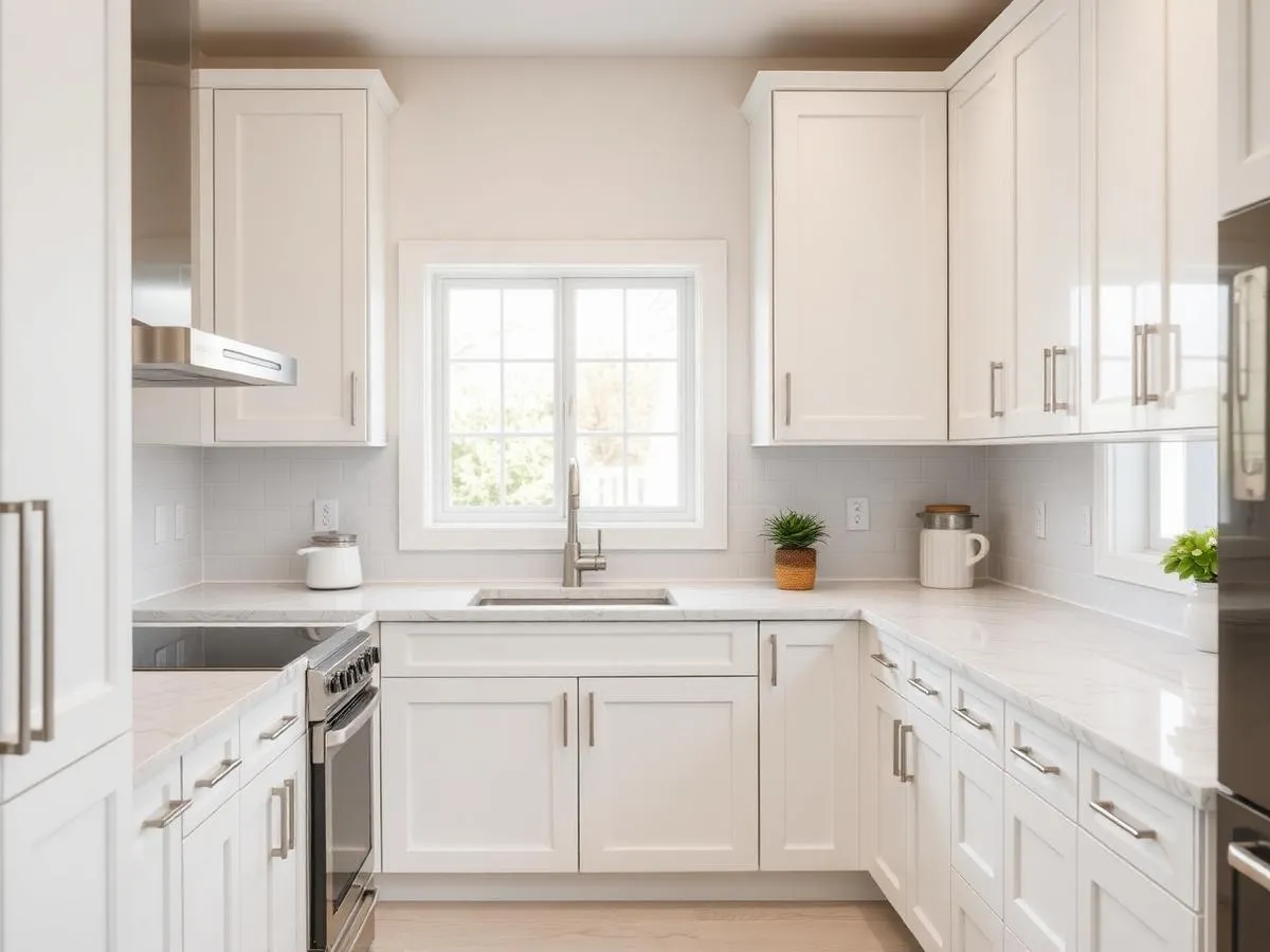 Factory-smooth white refinished kitchen cabinets after cabinet refinishing in Sharpes, Brevard County FL