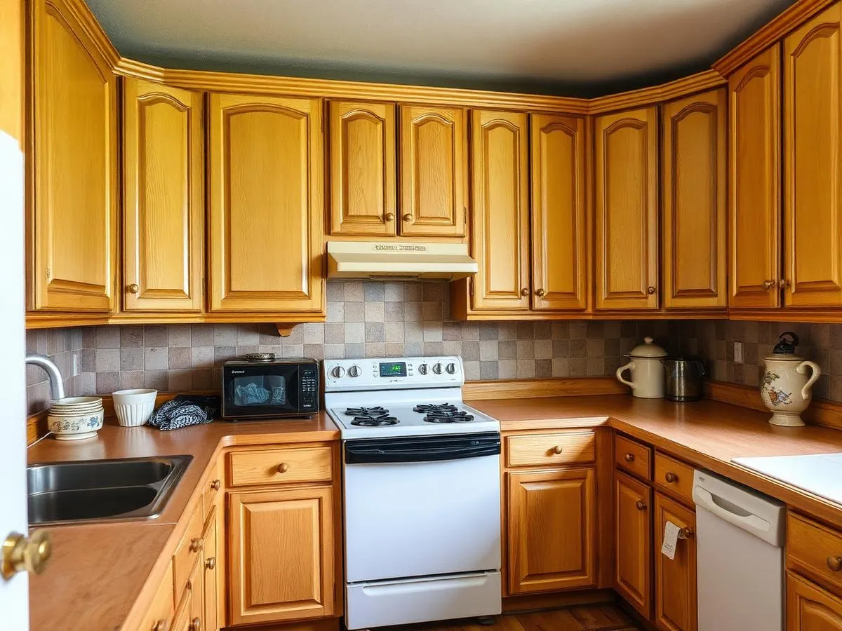 Worn wood kitchen cabinets before cabinet refinishing in Sharpes, Brevard County FL