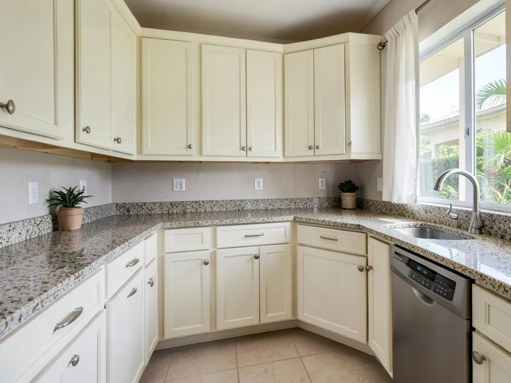 Finished kitchen with creamy white refinished shaker cabinets, granite counters and brushed nickel hardware in Micco, FL