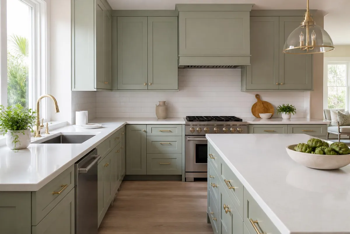 Finished kitchen with soft sage green shaker cabinets, white quartz counters and brass hardware on Merritt Island, FL