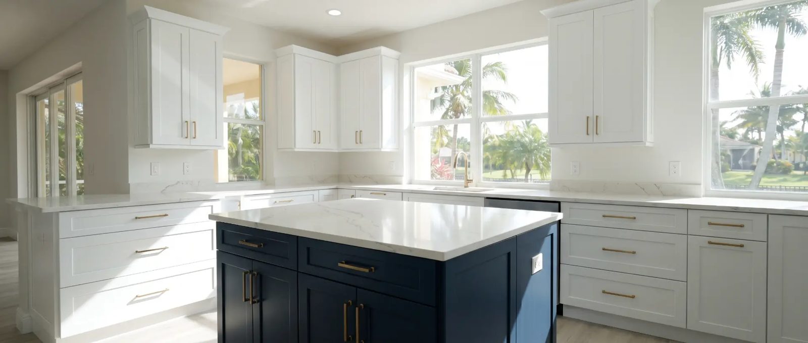 Finished kitchen with white perimeter cabinets and a navy blue island and gold hardware in West Melbourne, FL