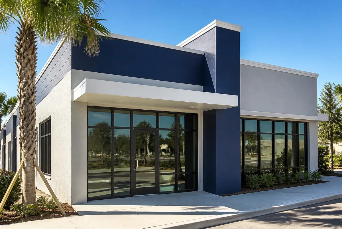 Freshly repainted light gray commercial storefront with navy accent band in Titusville, FL