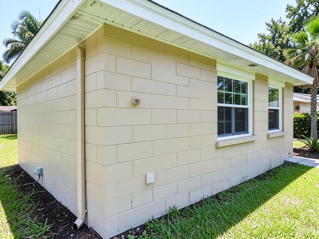 Freshly washed and repainted soft beige concrete block home exterior with white fascia in Sharpes, FL