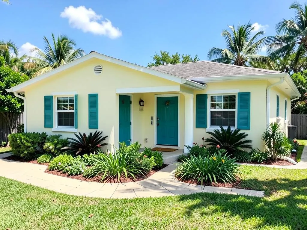 Finished cream stucco exterior with teal shutters and teal front door on a single-story home in Barefoot Bay, FL