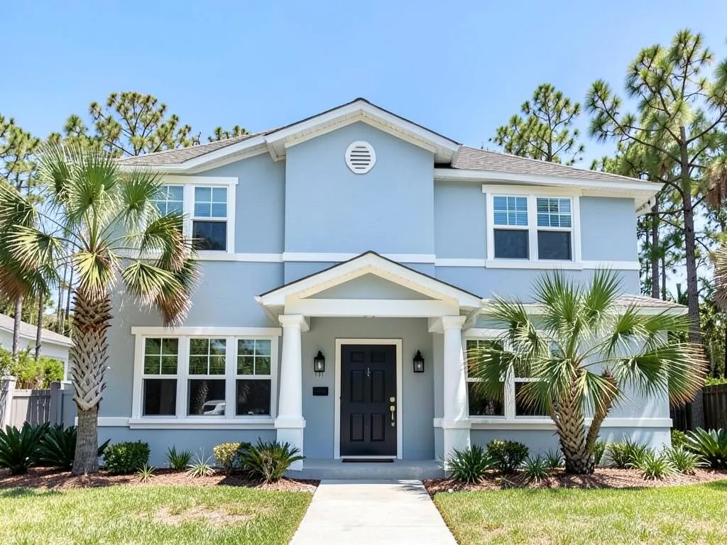 Finished light gray two-story stucco exterior with white trim and a black front door in Mims, FL