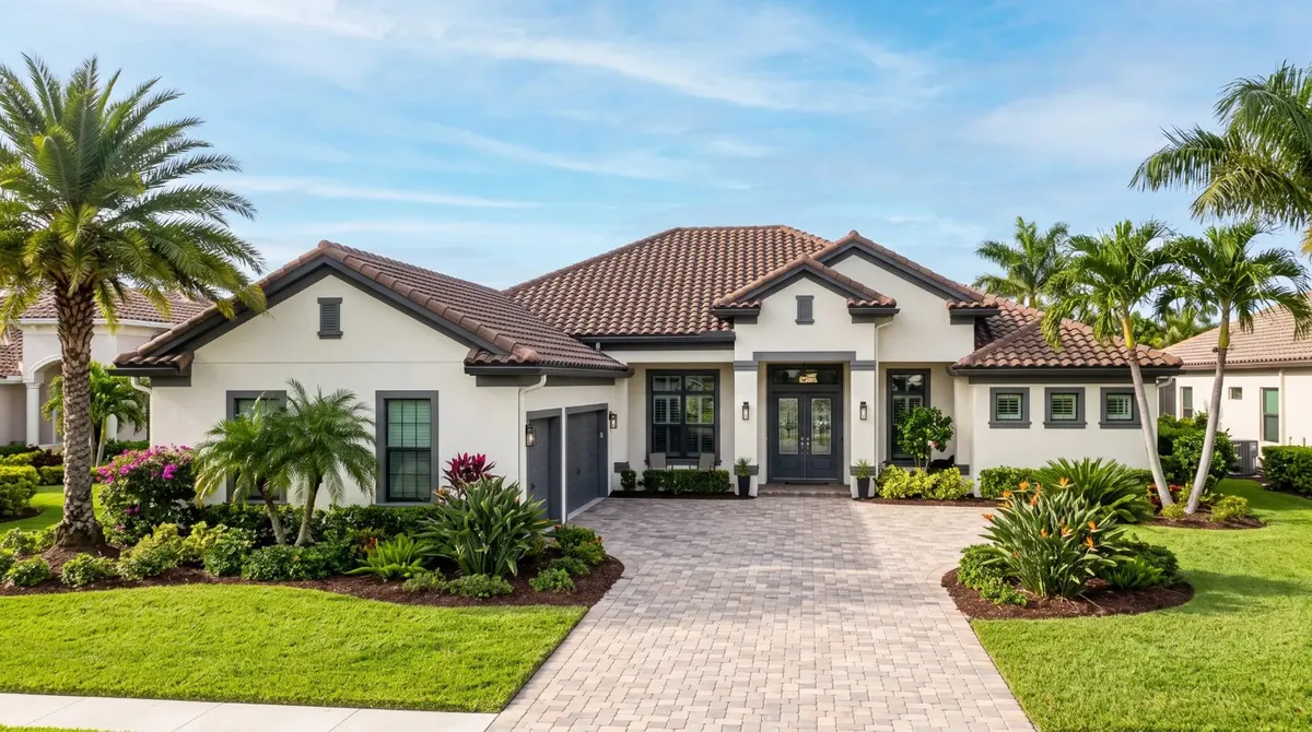 Finished Mediterranean cream stucco exterior with charcoal trim and terracotta tile roof in Indian Harbour Beach, FL