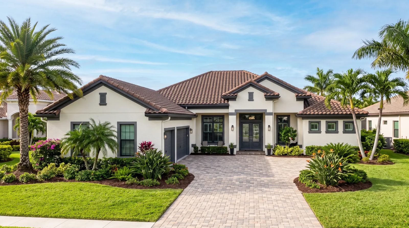 Finished Mediterranean cream stucco exterior with charcoal trim and terracotta tile roof in Indian Harbour Beach, FL