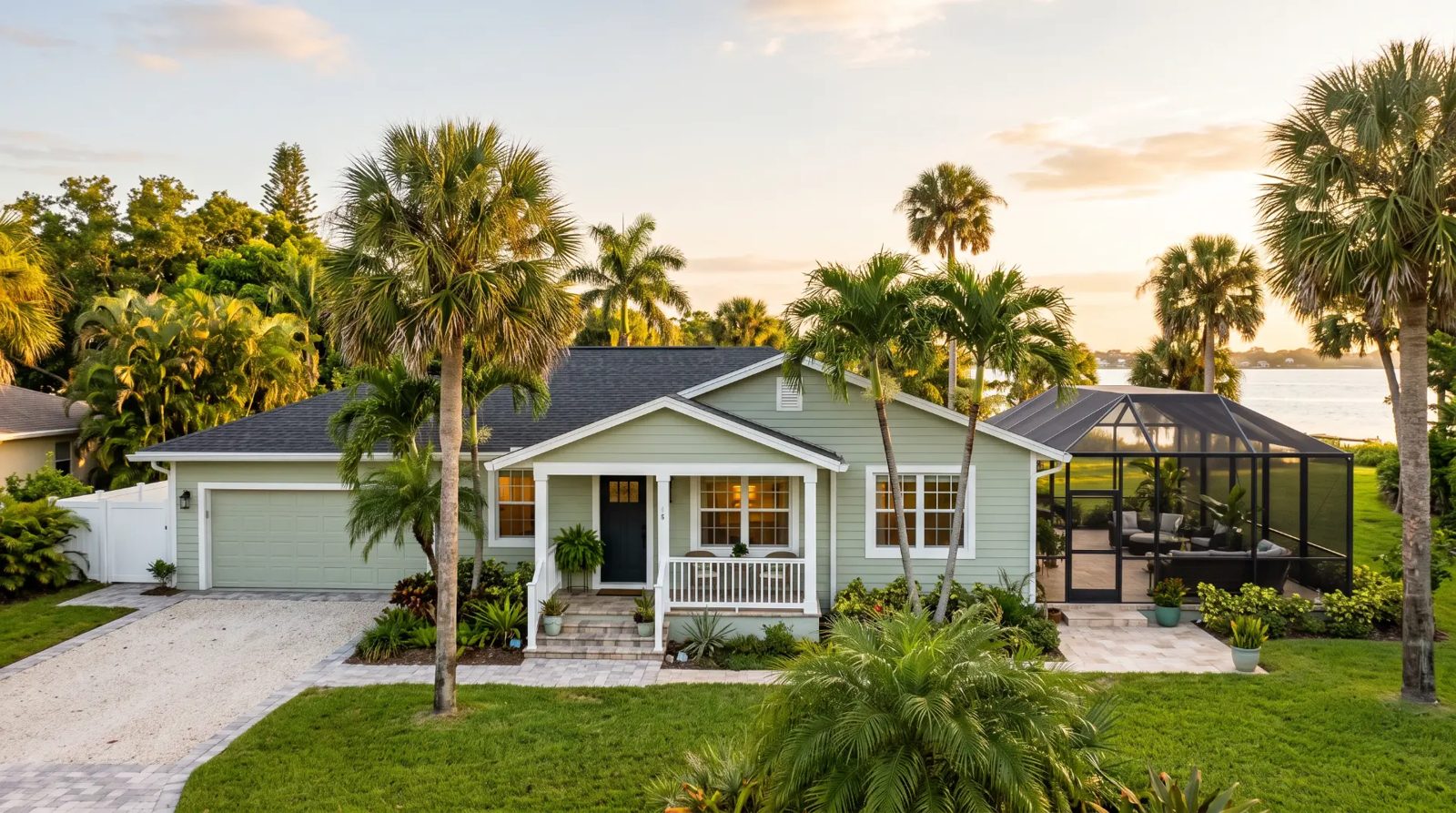 Finished sage-green siding exterior repaint on a waterfront single-story home in Indialantic, FL