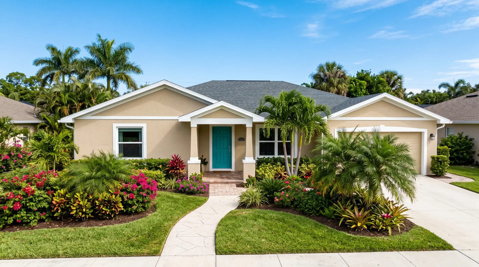 Finished tan ranch-style exterior repaint with a teal front door in Port St. John, FL