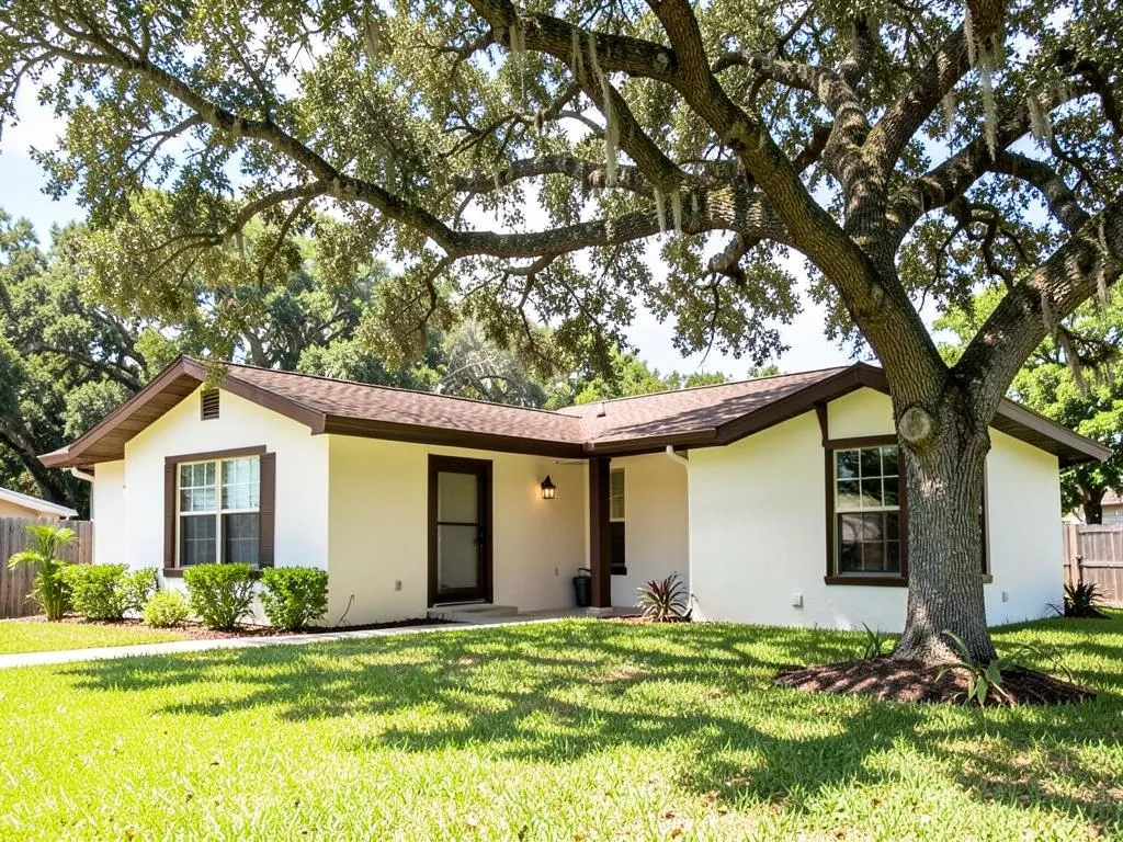 Finished warm white stucco exterior with dark bronze trim on an oak-shaded ranch home in Malabar, FL