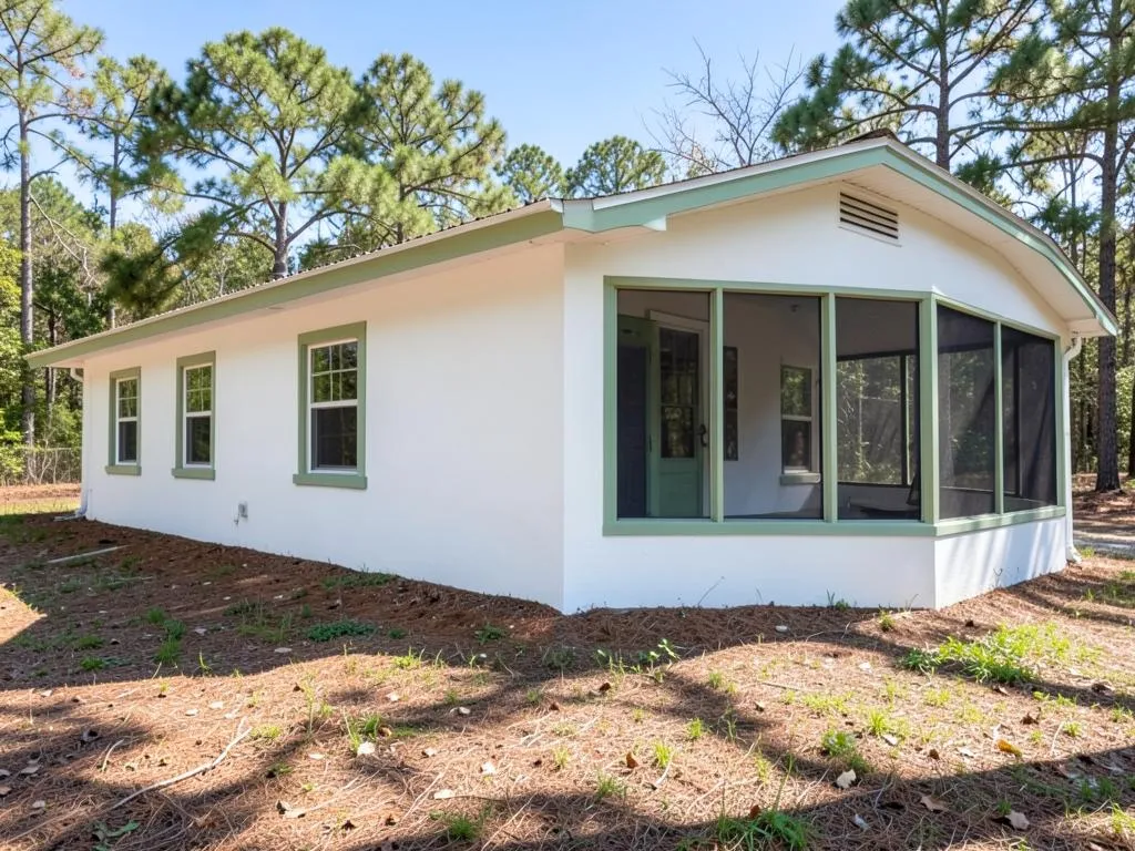 Finished white stucco exterior with soft sage green trim and screened porch on a home in Canaveral Groves, FL