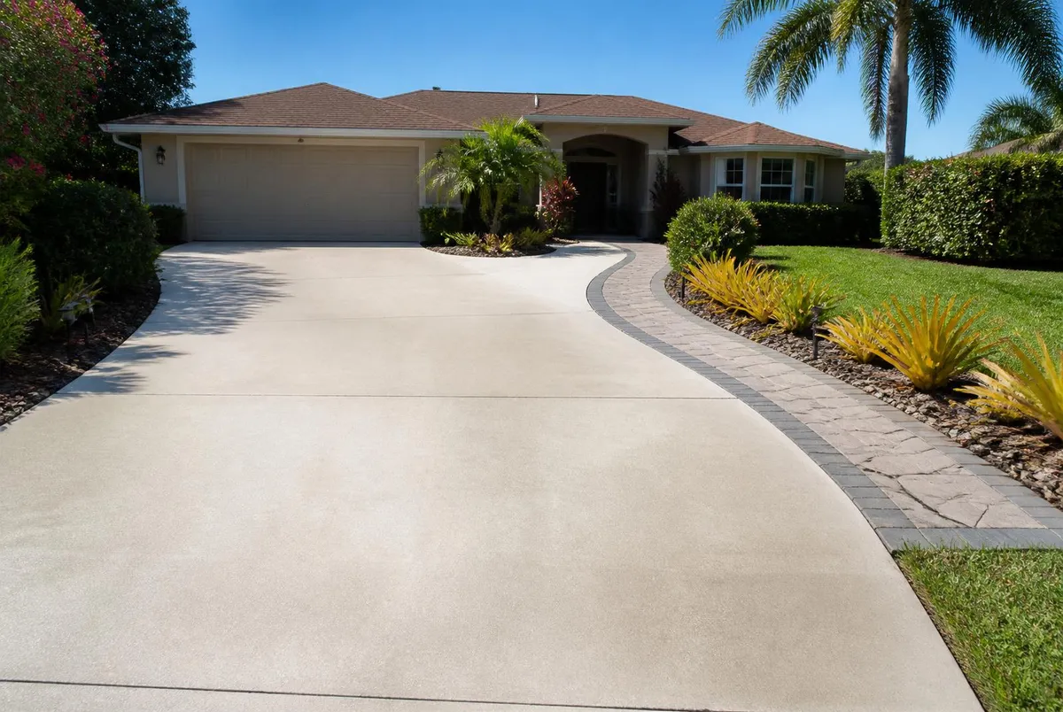 Freshly pressure-washed concrete driveway and paver walkway at a Cocoa, FL home