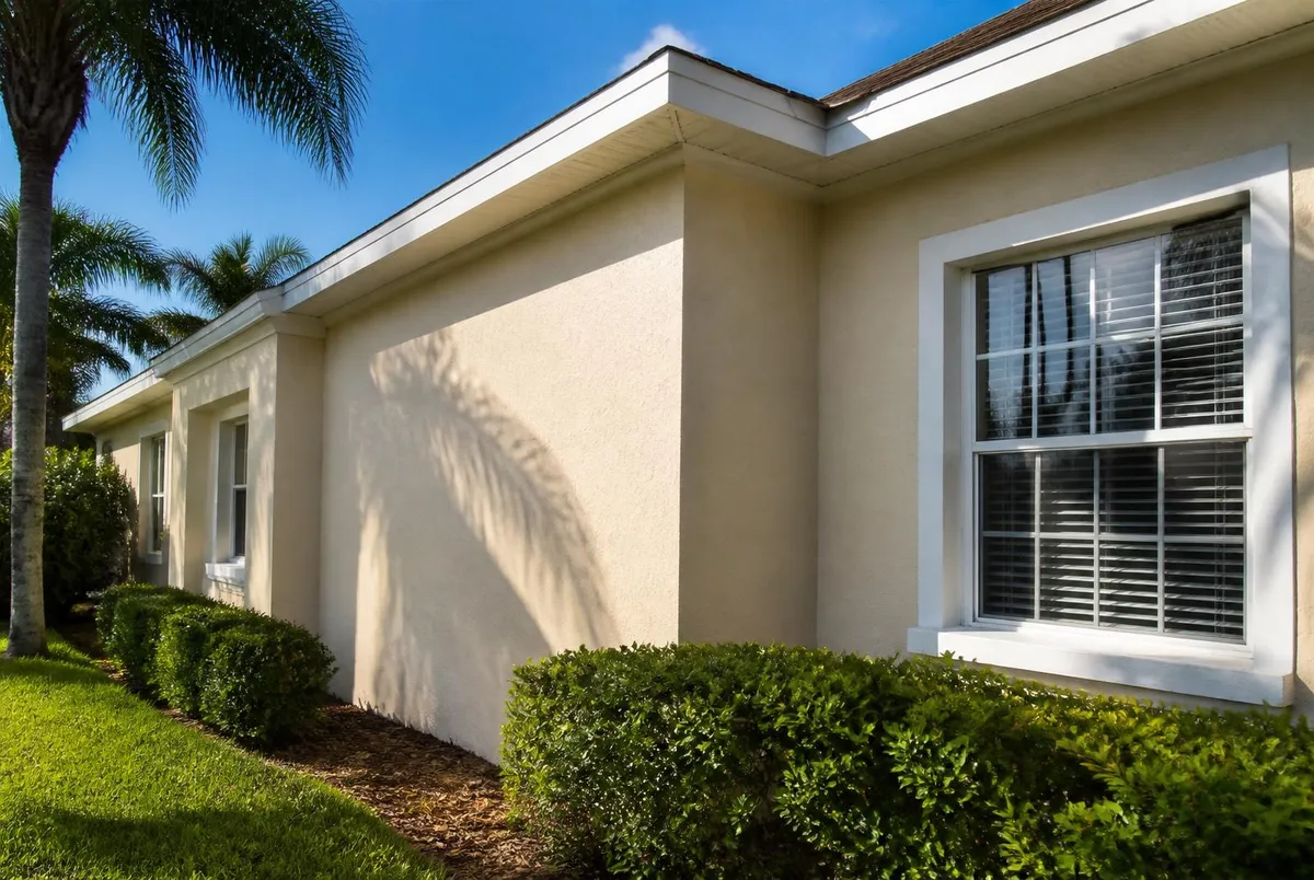 Repaired and repainted cream stucco exterior wall with white trim on a Titusville, FL home