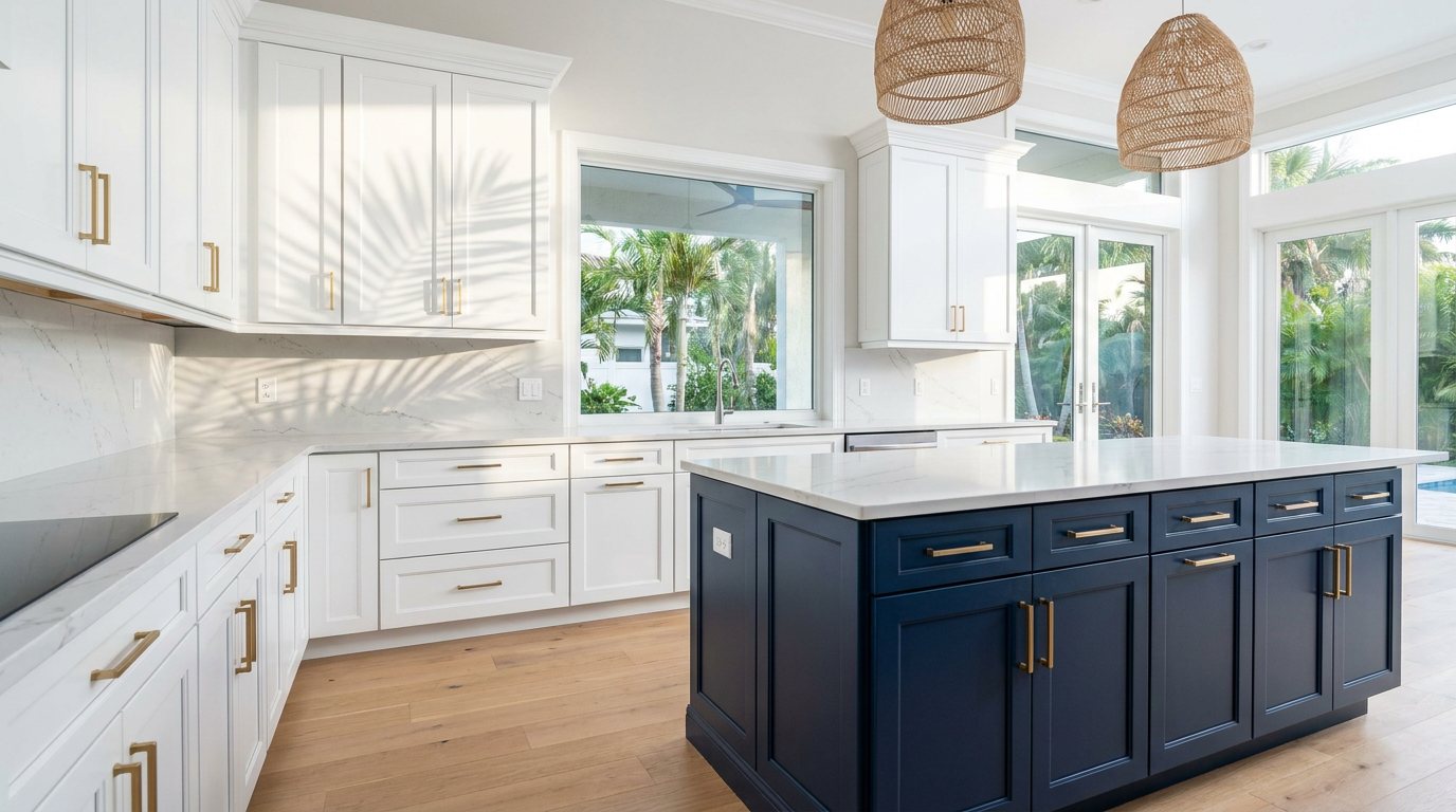 Refinished white shaker cabinets with a navy island in a Rockledge, FL kitchen by Pro Touch Painting
