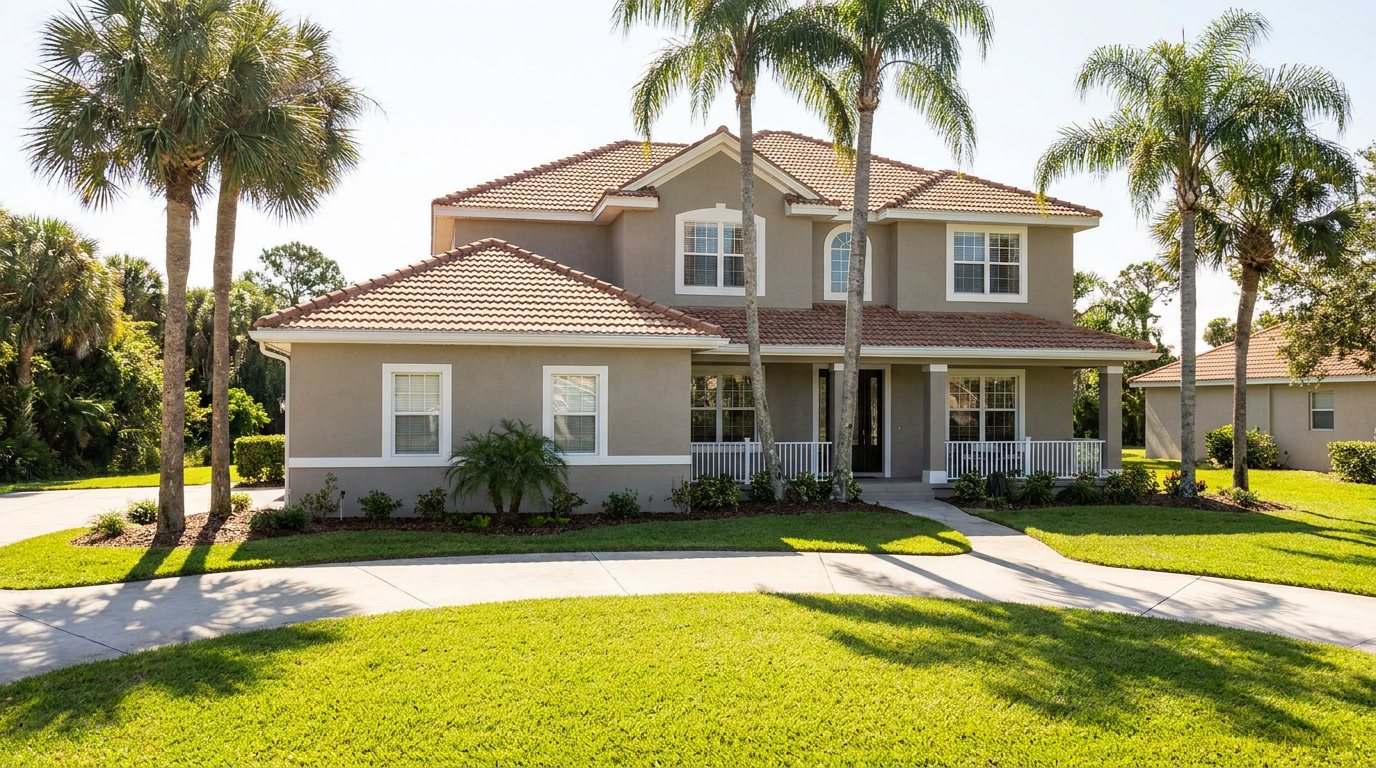 Repainted Florida stucco home with crisp white trim and barrel tile roof in Merritt Island, FL