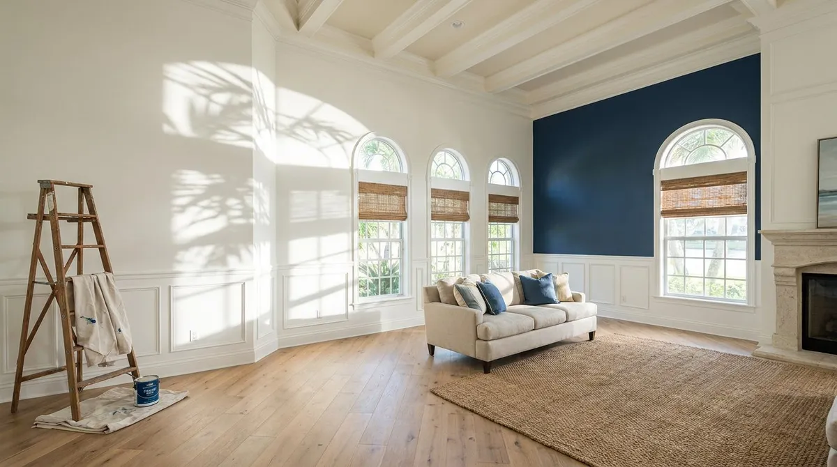 Freshly painted Florida great room with flawless white walls and crisp trim