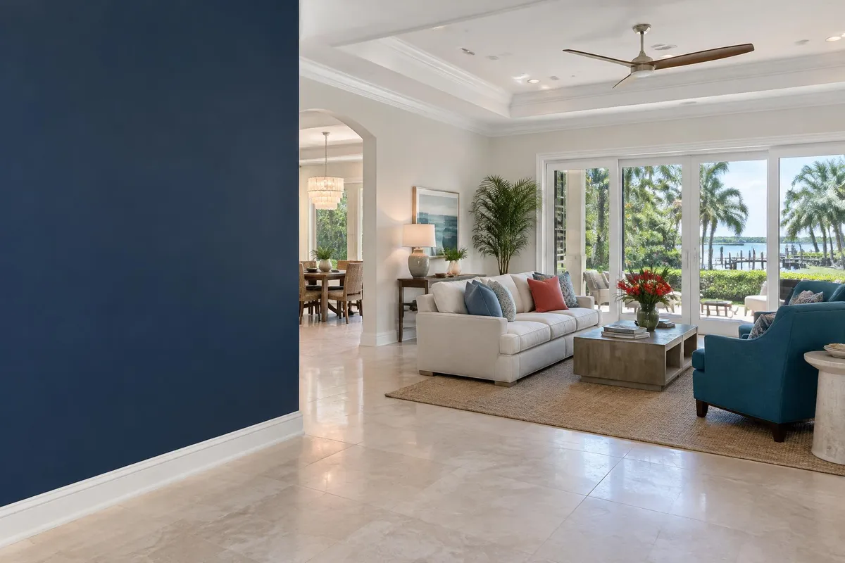 Coastal interior design inspiration with navy walls, white crown molding and a bright Florida living room