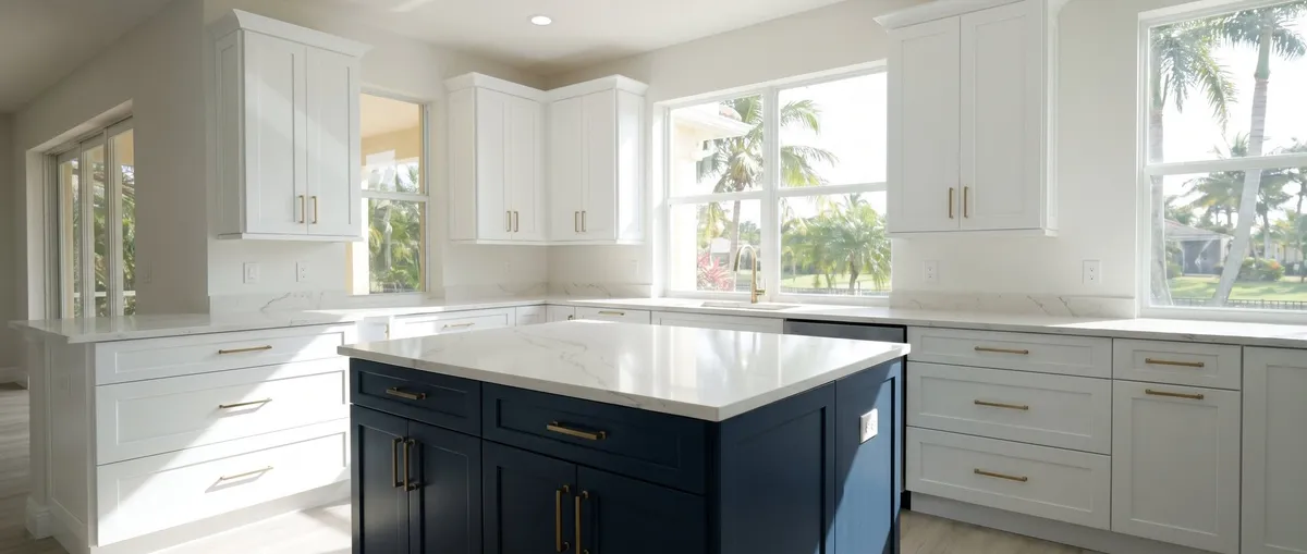 Refinished white shaker kitchen cabinets with a navy blue painted island in a Brevard County, FL home