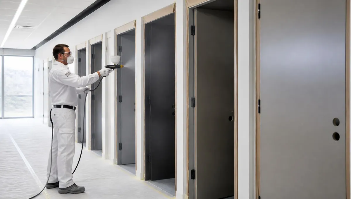 Painter electrostatically spraying hollow metal commercial doors and steel frames on site in an occupied Brevard County, FL office building