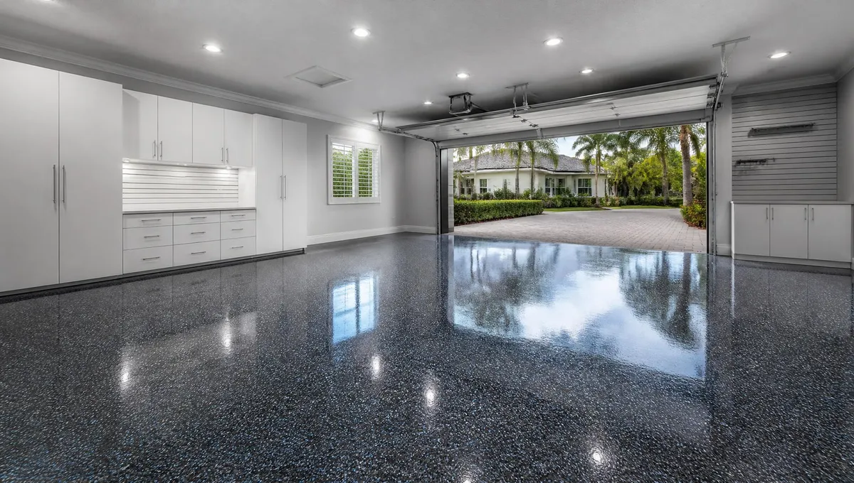 Finished residential garage with a glossy gray and blue flake epoxy floor coating in Brevard County, FL