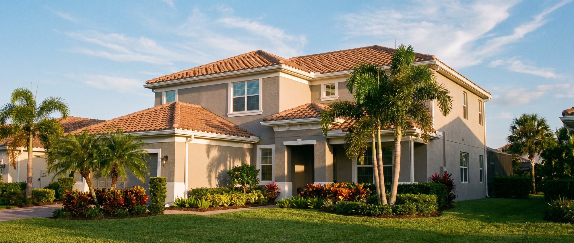 Freshly painted two-story Florida stucco home exterior in coastal blue-gray with crisp white trim in Brevard County, FL